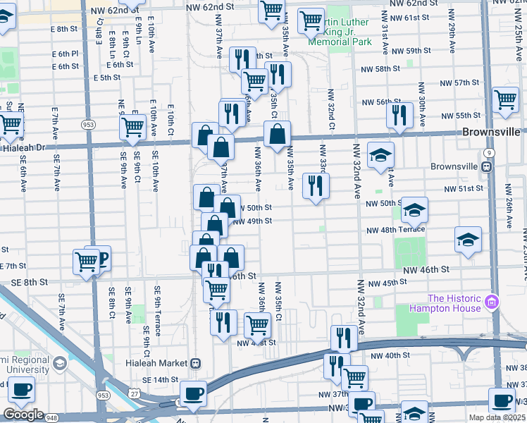 map of restaurants, bars, coffee shops, grocery stores, and more near 3590 Northwest 50th Street in Miami