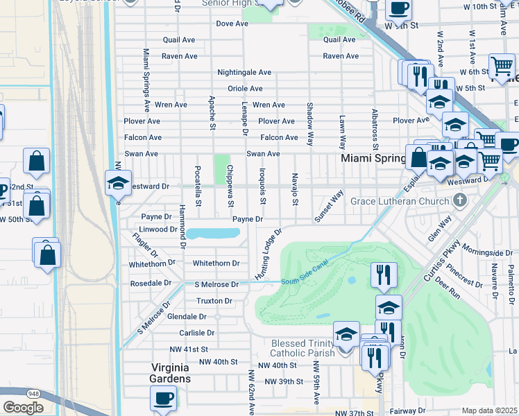 map of restaurants, bars, coffee shops, grocery stores, and more near 140 Iroquois Street in Miami Springs