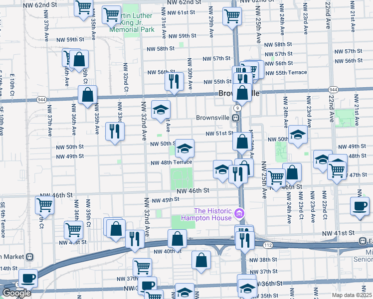map of restaurants, bars, coffee shops, grocery stores, and more near 3045 Northwest 49th Street in Miami
