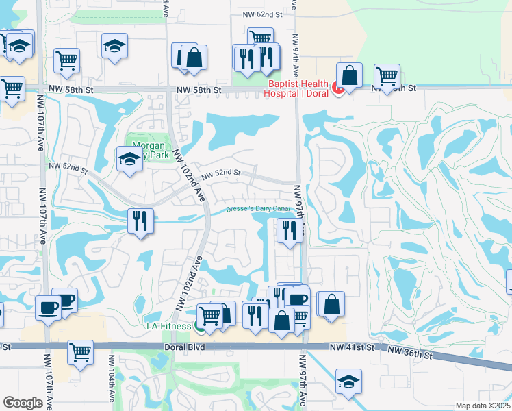 map of restaurants, bars, coffee shops, grocery stores, and more near 9886 Northwest 51st Terrace in Doral