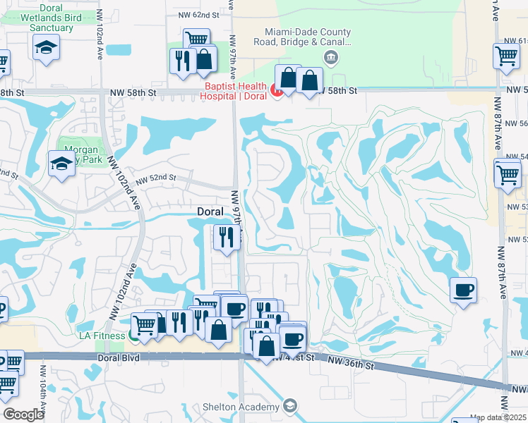 map of restaurants, bars, coffee shops, grocery stores, and more near 5243 Northwest 94th Doral Place in Doral