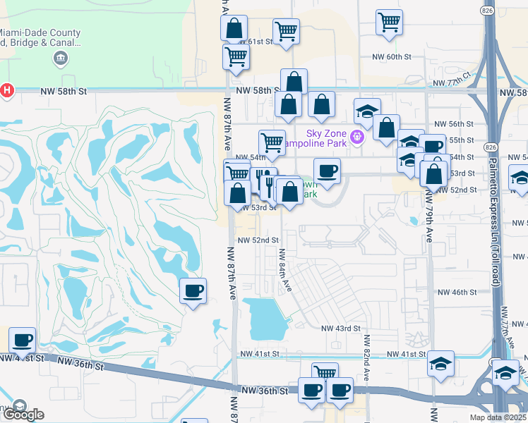 map of restaurants, bars, coffee shops, grocery stores, and more near 8450 Northwest 53rd Street in Doral