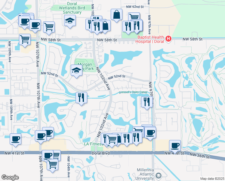 map of restaurants, bars, coffee shops, grocery stores, and more near 10136 Northwest 51st Terrace in Doral