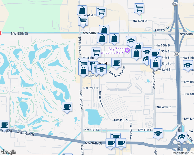 map of restaurants, bars, coffee shops, grocery stores, and more near 8400 Northwest 53rd Street in Miami