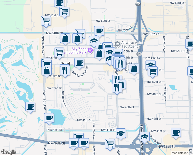 map of restaurants, bars, coffee shops, grocery stores, and more near 8043 Washkewics Way in Doral