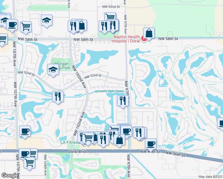 map of restaurants, bars, coffee shops, grocery stores, and more near 9886 Northwest 51st Terrace in Doral