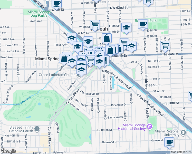 map of restaurants, bars, coffee shops, grocery stores, and more near 60 Palmetto Drive in Miami Springs