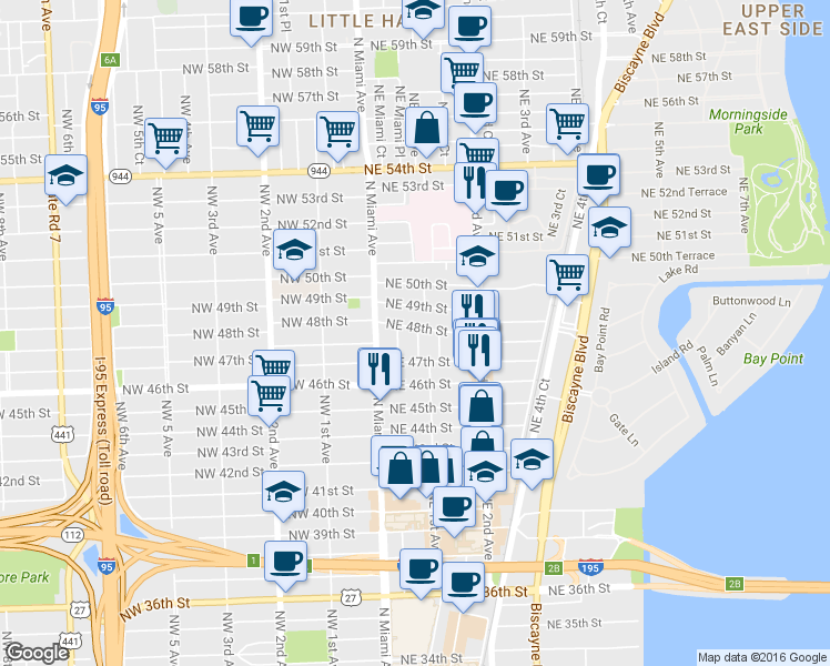 map of restaurants, bars, coffee shops, grocery stores, and more near 64 Northeast 48th Street in Miami