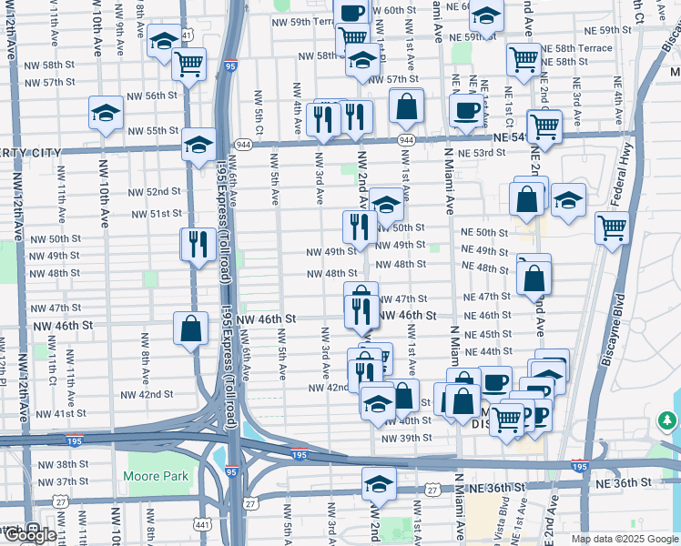 map of restaurants, bars, coffee shops, grocery stores, and more near 220 Northwest 48th Street in Miami