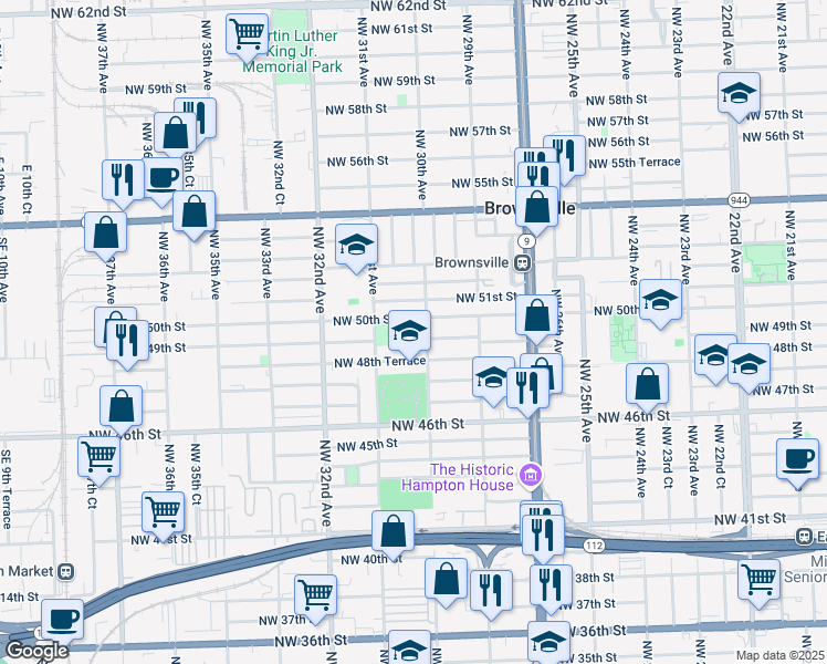 map of restaurants, bars, coffee shops, grocery stores, and more near 3045 Northwest 49th Street in Miami