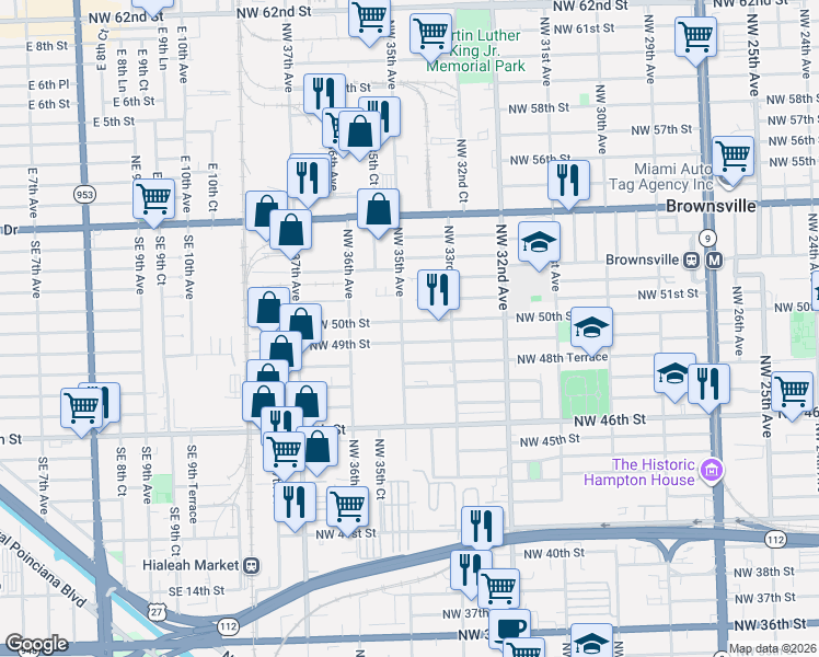 map of restaurants, bars, coffee shops, grocery stores, and more near 3500 Northwest 50th Street in Miami