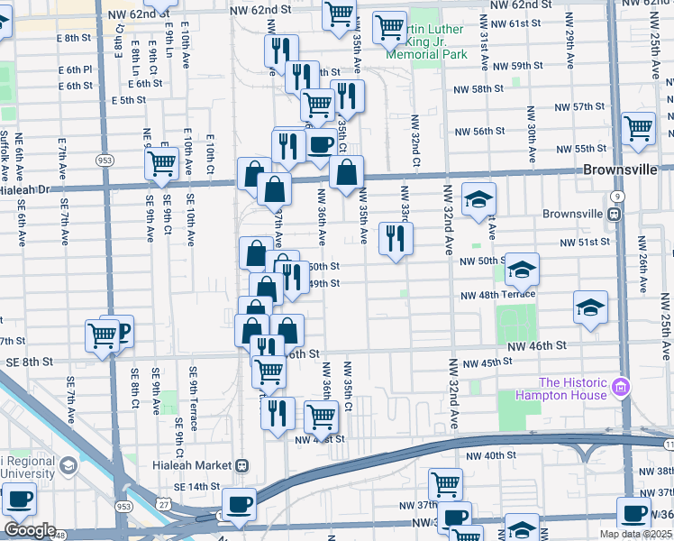 map of restaurants, bars, coffee shops, grocery stores, and more near 3590 Northwest 50th Street in Miami