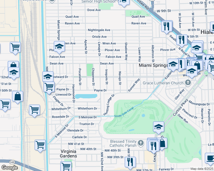 map of restaurants, bars, coffee shops, grocery stores, and more near 140 Iroquois Street in Miami Springs