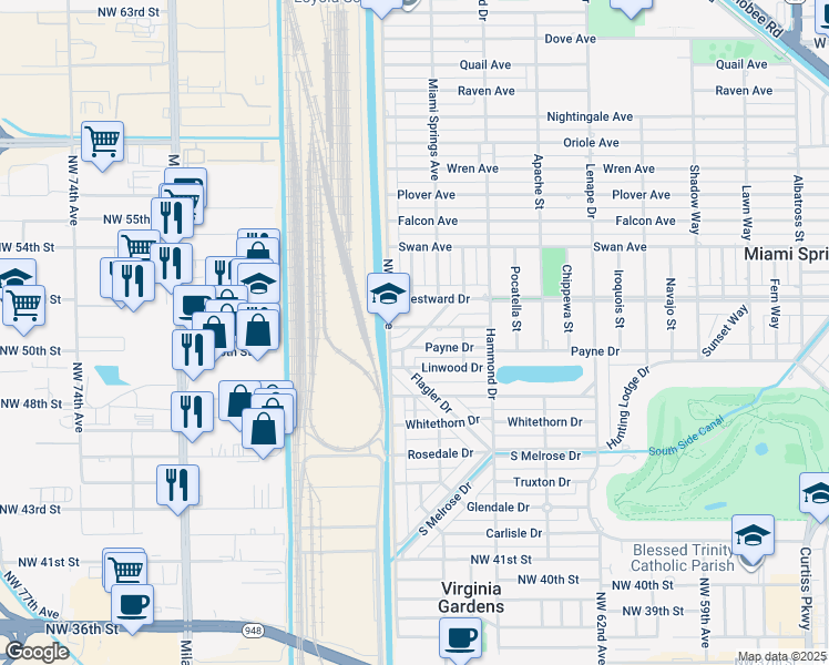 map of restaurants, bars, coffee shops, grocery stores, and more near 148 Bentley Drive in Miami Springs
