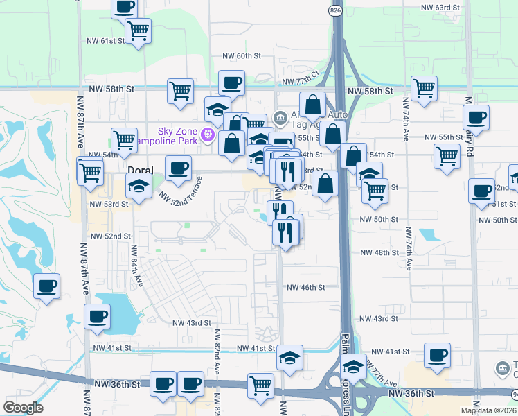 map of restaurants, bars, coffee shops, grocery stores, and more near 5020 Northwest 79th Avenue in Doral