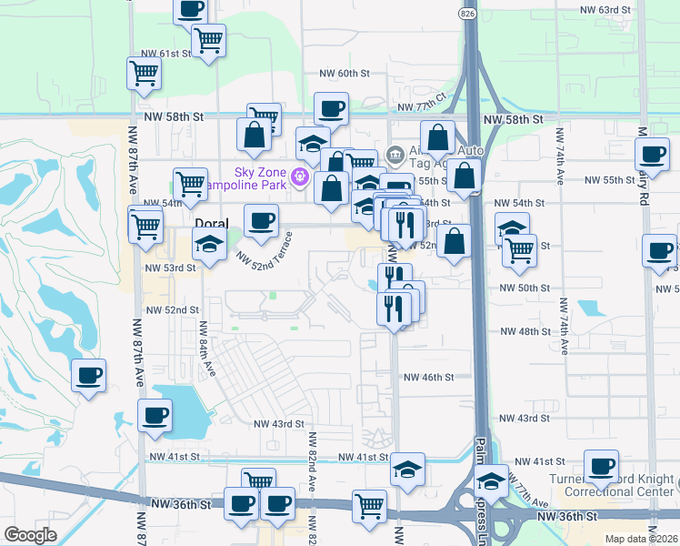 map of restaurants, bars, coffee shops, grocery stores, and more near 5231 Geneva Court in Doral