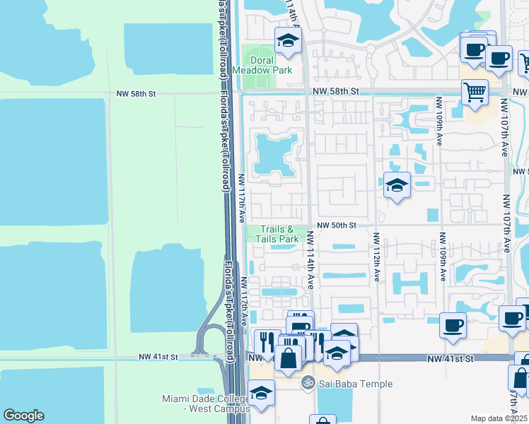 map of restaurants, bars, coffee shops, grocery stores, and more near 5072 Northwest 116th Avenue in Doral