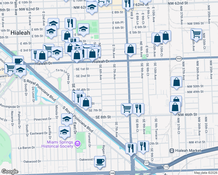 map of restaurants, bars, coffee shops, grocery stores, and more near 651 Southeast 4th Street in Hialeah