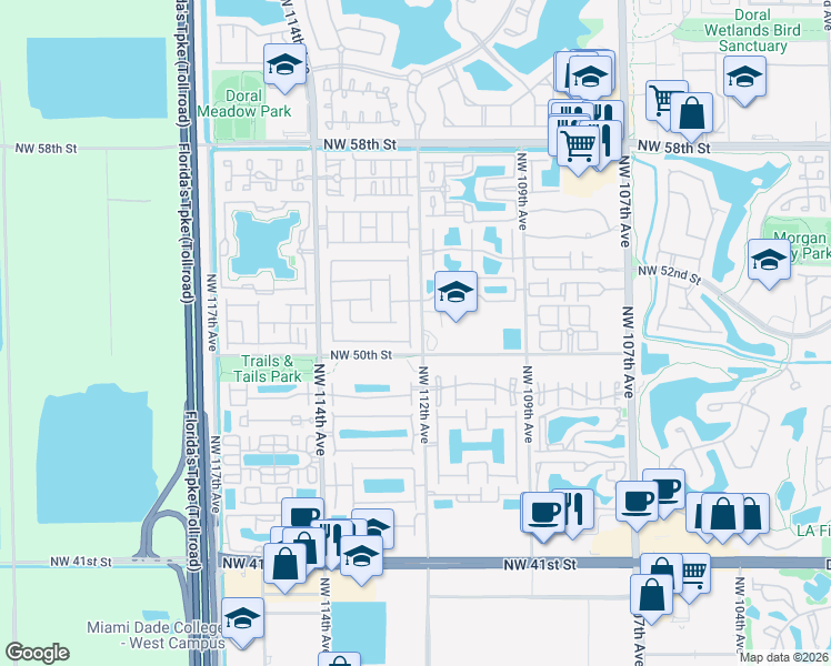 map of restaurants, bars, coffee shops, grocery stores, and more near 5073 Northwest 112th Court in Doral