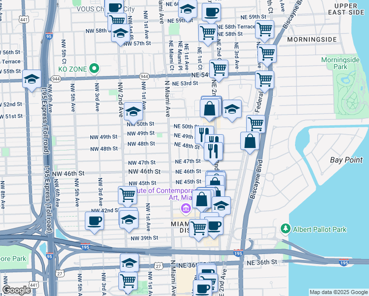 map of restaurants, bars, coffee shops, grocery stores, and more near 64 Northeast 48th Street in Miami