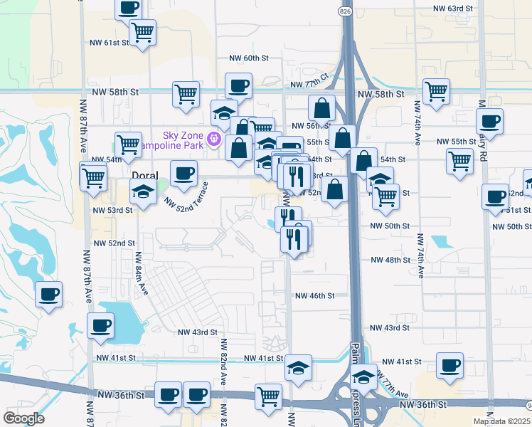 map of restaurants, bars, coffee shops, grocery stores, and more near 5020 Northwest 79th Avenue in Doral