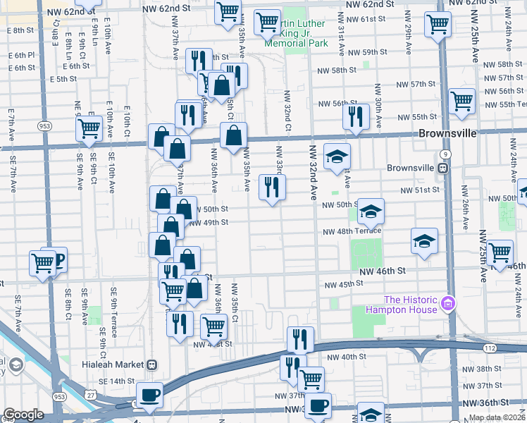 map of restaurants, bars, coffee shops, grocery stores, and more near 3325 Northwest 49th Street in Miami