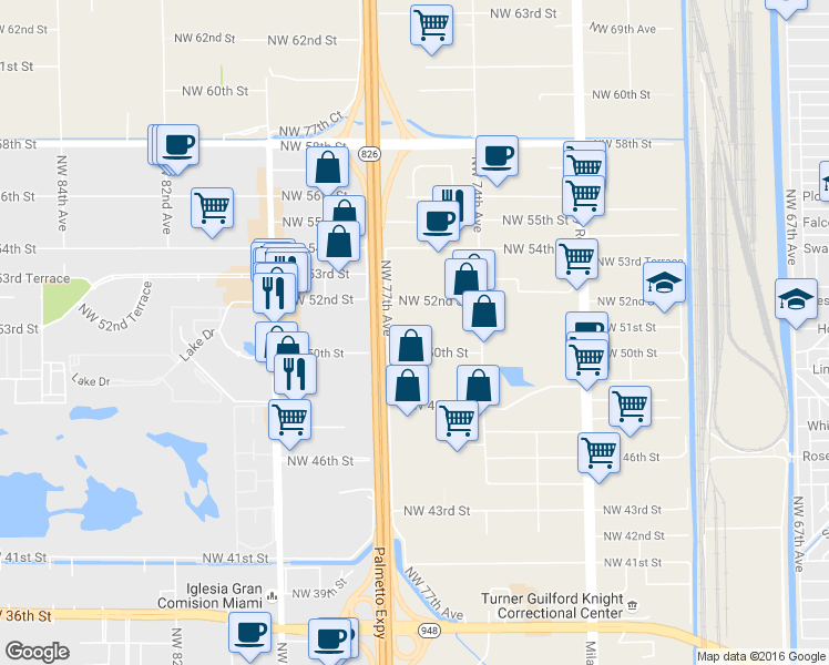 map of restaurants, bars, coffee shops, grocery stores, and more near 5055 NW 77th Ave in Doral