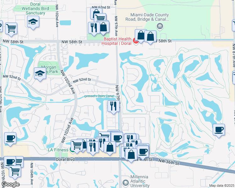 map of restaurants, bars, coffee shops, grocery stores, and more near 4998 Northwest 97th Avenue in Doral