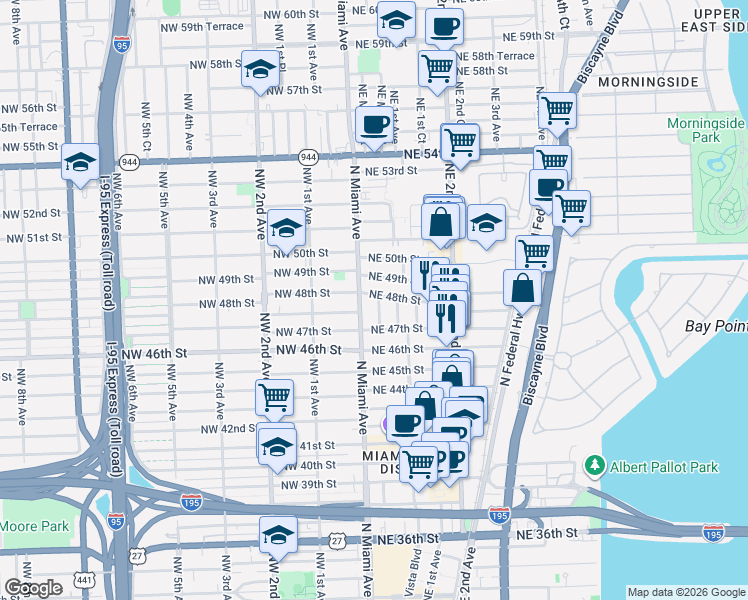 map of restaurants, bars, coffee shops, grocery stores, and more near 64 Northeast 48th Street in Miami