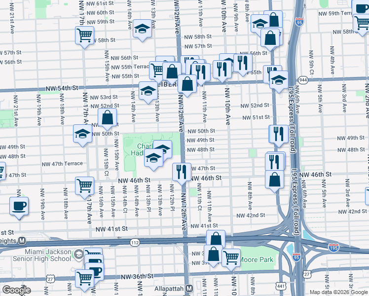 map of restaurants, bars, coffee shops, grocery stores, and more near 1176 Northwest 48th Street in Miami