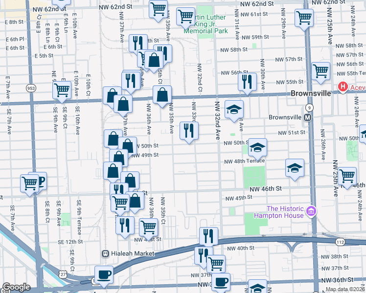 map of restaurants, bars, coffee shops, grocery stores, and more near 3325 Northwest 49th Street in Miami
