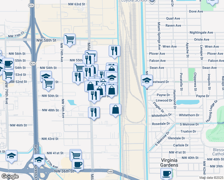 map of restaurants, bars, coffee shops, grocery stores, and more near 6902 Northwest 69th Avenue in Miami
