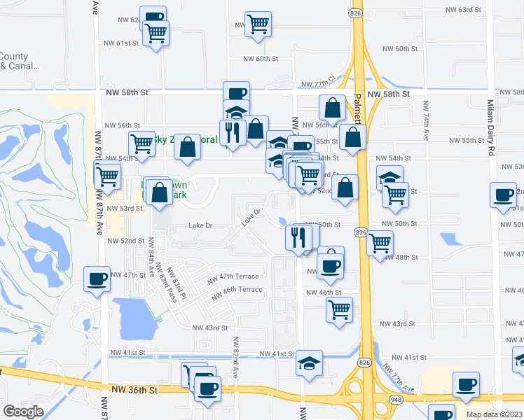 map of restaurants, bars, coffee shops, grocery stores, and more near 5231 Geneva Court in Doral