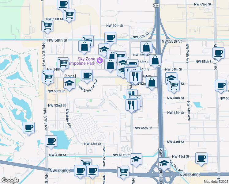 map of restaurants, bars, coffee shops, grocery stores, and more near 5231 Geneva Court in Doral