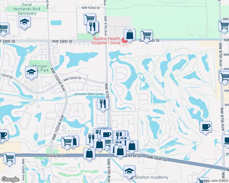 map of restaurants, bars, coffee shops, grocery stores, and more near 5243 Northwest 94th Doral Place in Doral