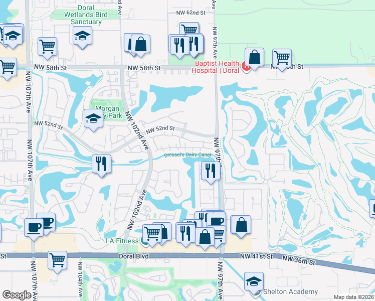 map of restaurants, bars, coffee shops, grocery stores, and more near 9886 Northwest 51st Terrace in Doral