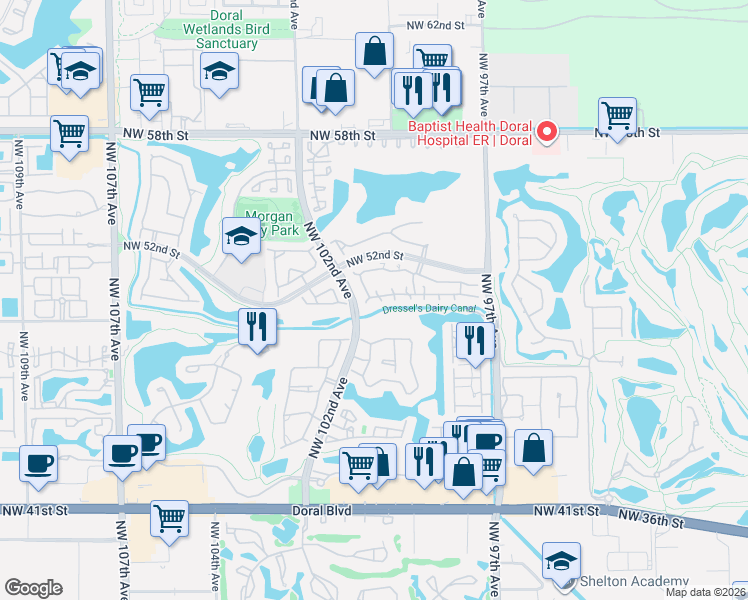 map of restaurants, bars, coffee shops, grocery stores, and more near 10006 Northwest 51st Terrace in Doral
