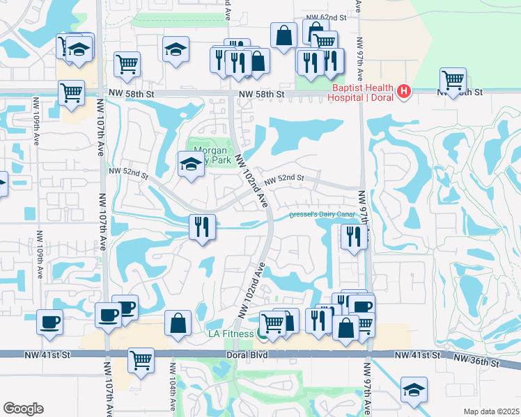 map of restaurants, bars, coffee shops, grocery stores, and more near 10136 Northwest 51st Terrace in Doral