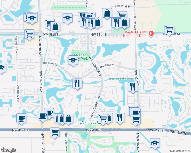 map of restaurants, bars, coffee shops, grocery stores, and more near 10268 Northwest 51st Terrace in Doral