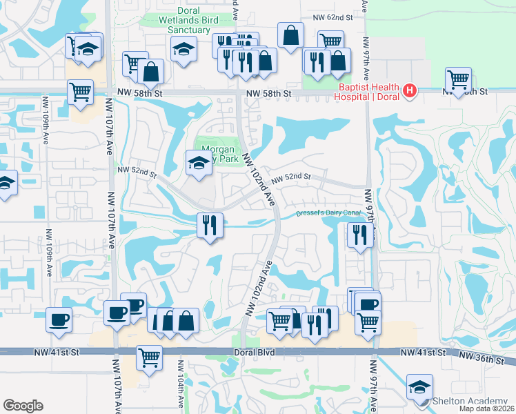 map of restaurants, bars, coffee shops, grocery stores, and more near 10268 Northwest 51st Terrace in Doral