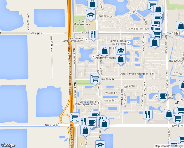 map of restaurants, bars, coffee shops, grocery stores, and more near 11479 Northwest 50th Terrace in Doral