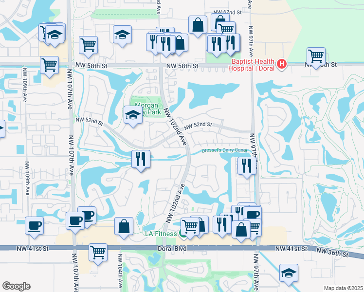 map of restaurants, bars, coffee shops, grocery stores, and more near 10136 Northwest 51st Terrace in Doral