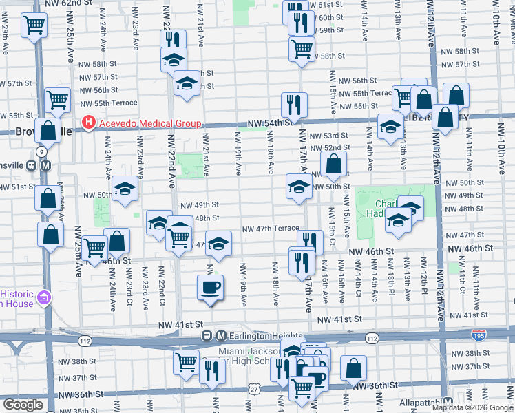 map of restaurants, bars, coffee shops, grocery stores, and more near 1851 Northwest 48th Street in Miami