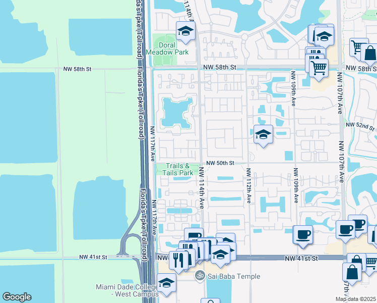 map of restaurants, bars, coffee shops, grocery stores, and more near 11479 Northwest 50th Terrace in Doral
