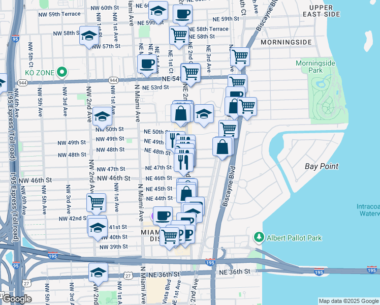 map of restaurants, bars, coffee shops, grocery stores, and more near 201 Northeast 48th Street in Miami