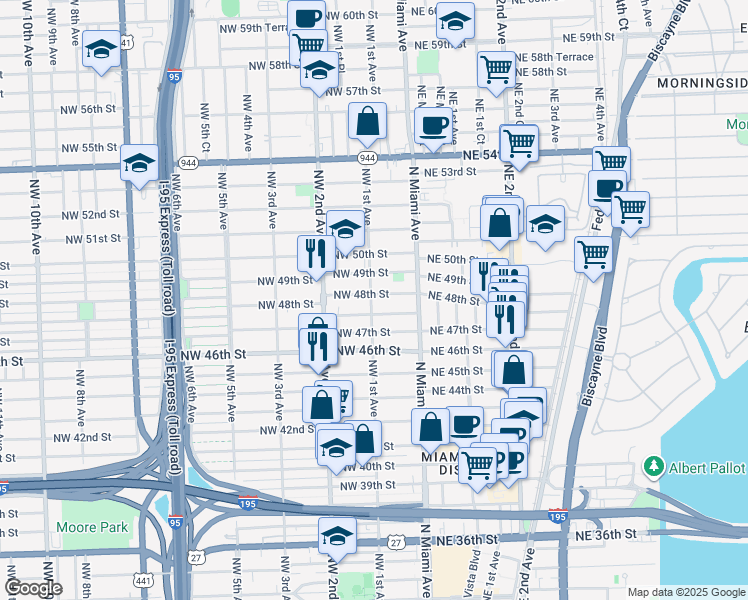 map of restaurants, bars, coffee shops, grocery stores, and more near 94 Northwest 48th Street in Miami