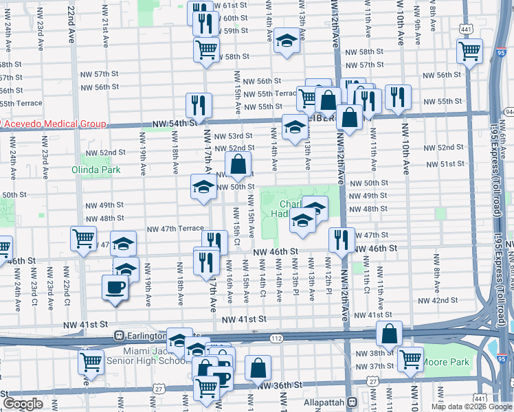 map of restaurants, bars, coffee shops, grocery stores, and more near 4829 Northwest 15th Avenue in Miami