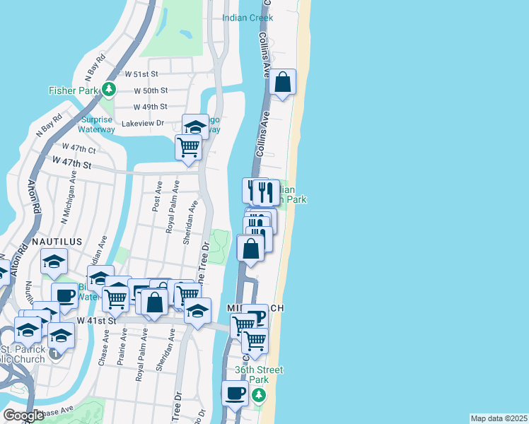 map of restaurants, bars, coffee shops, grocery stores, and more near 4525 Collins Avenue in Miami Beach