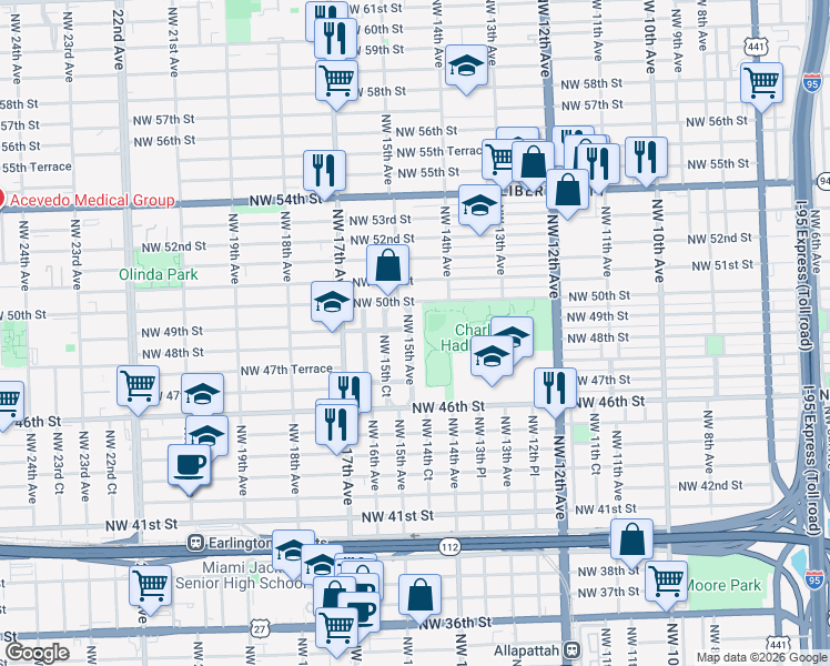 map of restaurants, bars, coffee shops, grocery stores, and more near 4829 Northwest 15th Avenue in Miami