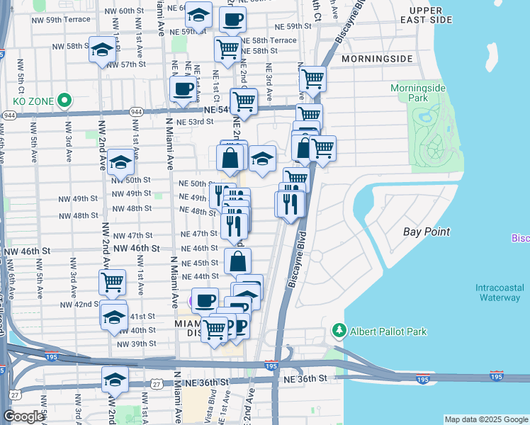 map of restaurants, bars, coffee shops, grocery stores, and more near 265 Northeast 48th Street in Miami